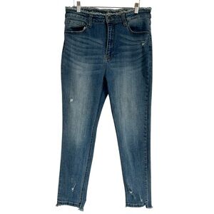 Risen 1262 frayed raw edge waist hemline slight distress skinny jeans 13/31